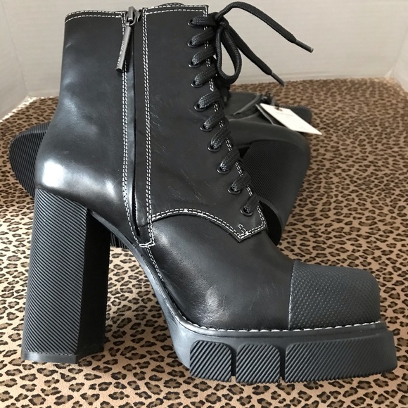 Zara Leather High Heel Ankle Boots Lug Soles Black - Picture 7 of 10